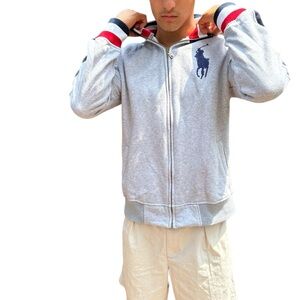 Polo Ralph Lauren Vintage gray Race stripe sleeve Bomber Zip up sweatshi…